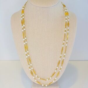 Vintage Trifari 70s Double Strand Faux Pearl Gold Tone Filigree Station Necklace